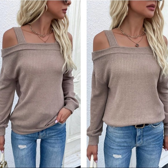 Firefly Lane Boutique1 Sweaters - Khaki Cold Shoulder Rib-Knit Sweater
